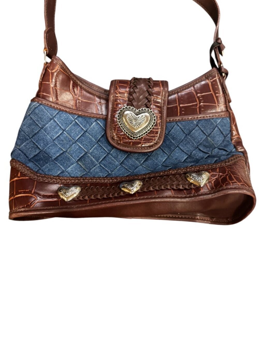 Vintage Brighton Denim & Croc Embossed Leather Shoulder Bag - Picture 3 of 6